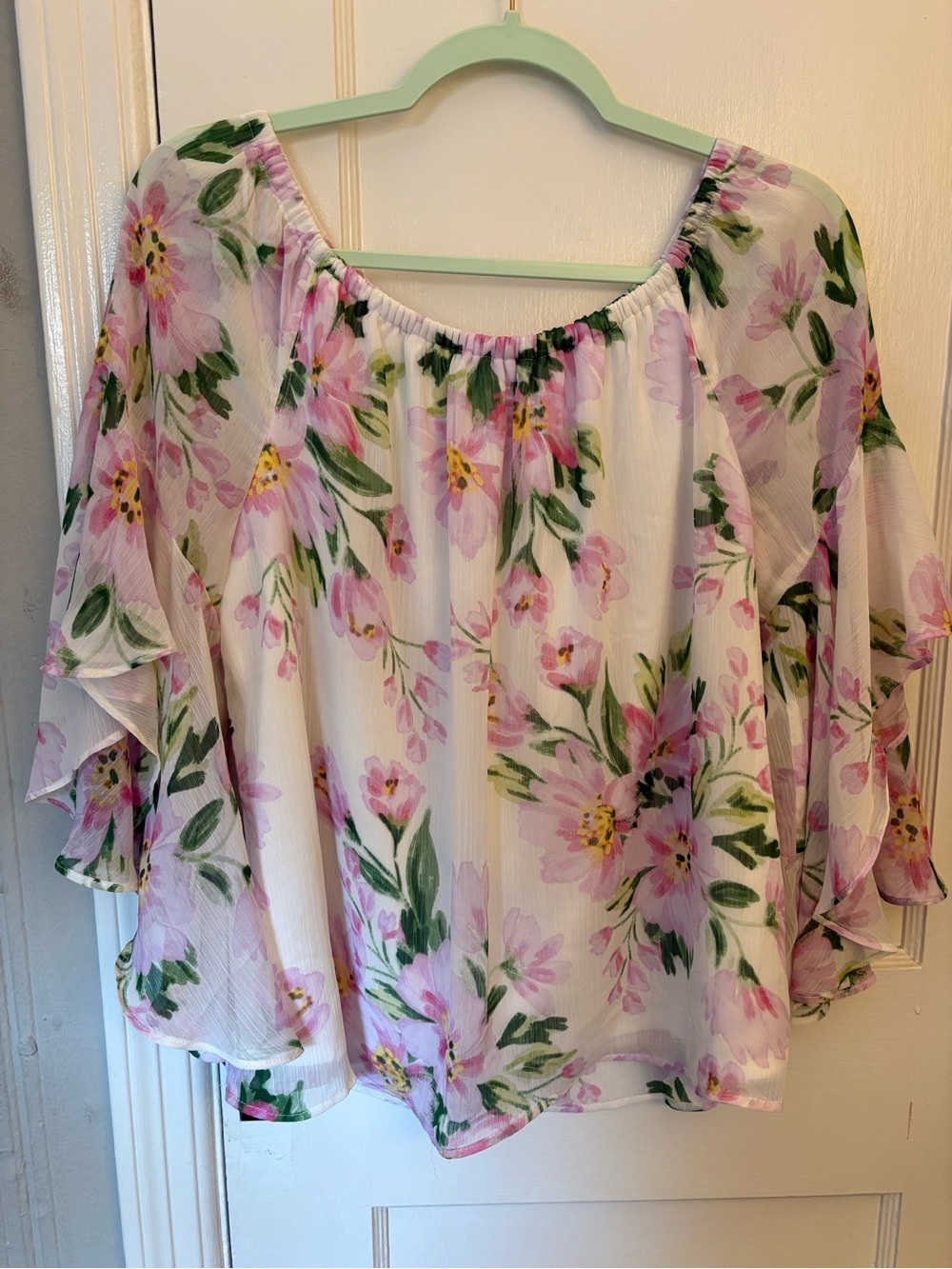 CeCe White Off-Shoulder Floral Tunic with Pink & Green Print